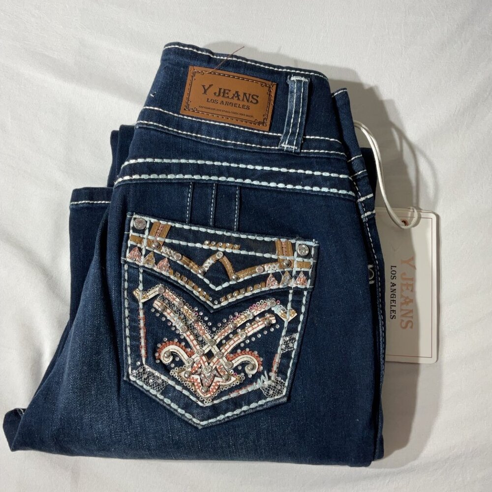 Womens Y Jeans Los Angeles Bootcut Denim Pants Size 5/6 Dark Wash Stretch Embroi